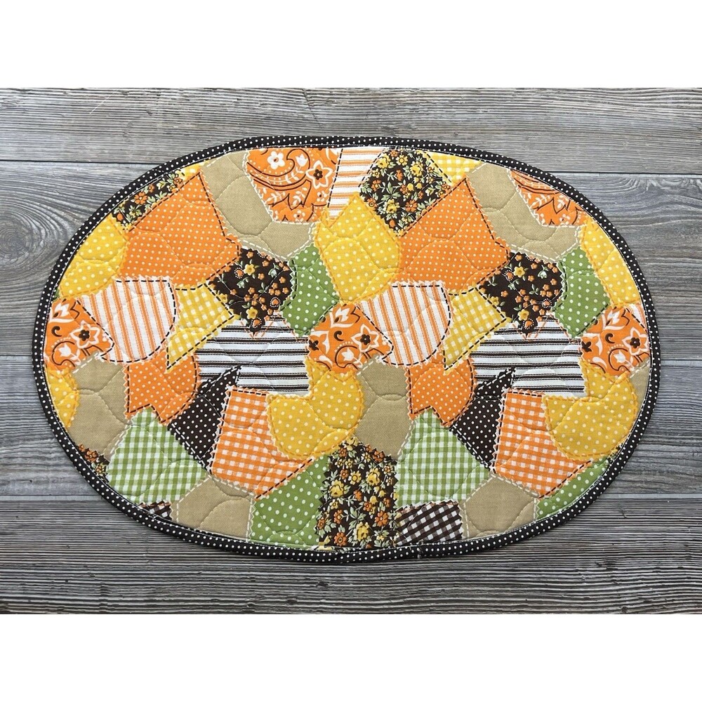 6 Vtg Floral Patchwork Placemats Yellow Orange Avocado Green Retro‎ Kitchen